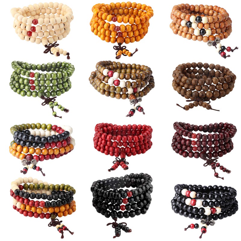 LOYALLOOK 12Pcs 108 Mala Bead Bracelets 8MM Buddhist Prayer Strand Sandalwood Wood Beaded Bracelet Necklace Elastic Handmade Multilayer Tibetan Buddha Link Wrist Bracelets Meditation Necklace Chain - Image 1